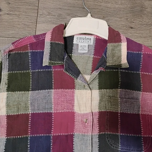 90's Carolina Colours Colorblock Gauze Button-Up Shirt XL 100%Cotton Windowpane - Picture 14 of 15